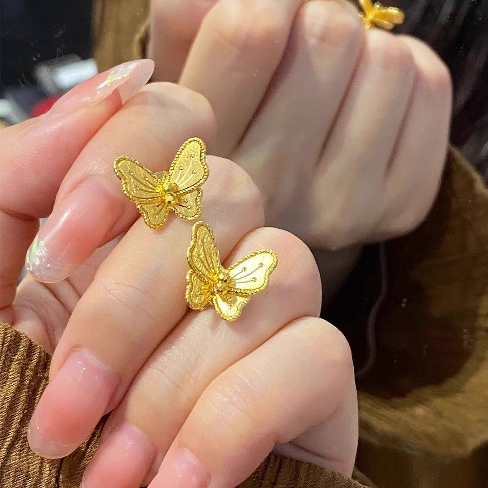 高级金色蝴蝶花月耳环气质拉丝耳钉女独特爆款耳饰2025年新款春夏