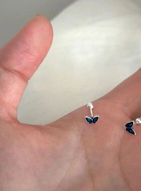 蓝色小巧蝴蝶养耳洞耳钉耳骨钉小众高级感耳蜗钉睡觉免摘耳饰