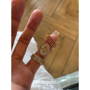 vintage叠戴华丽重工金色排钻戒指爆闪老钱风食指戒高级感贵气