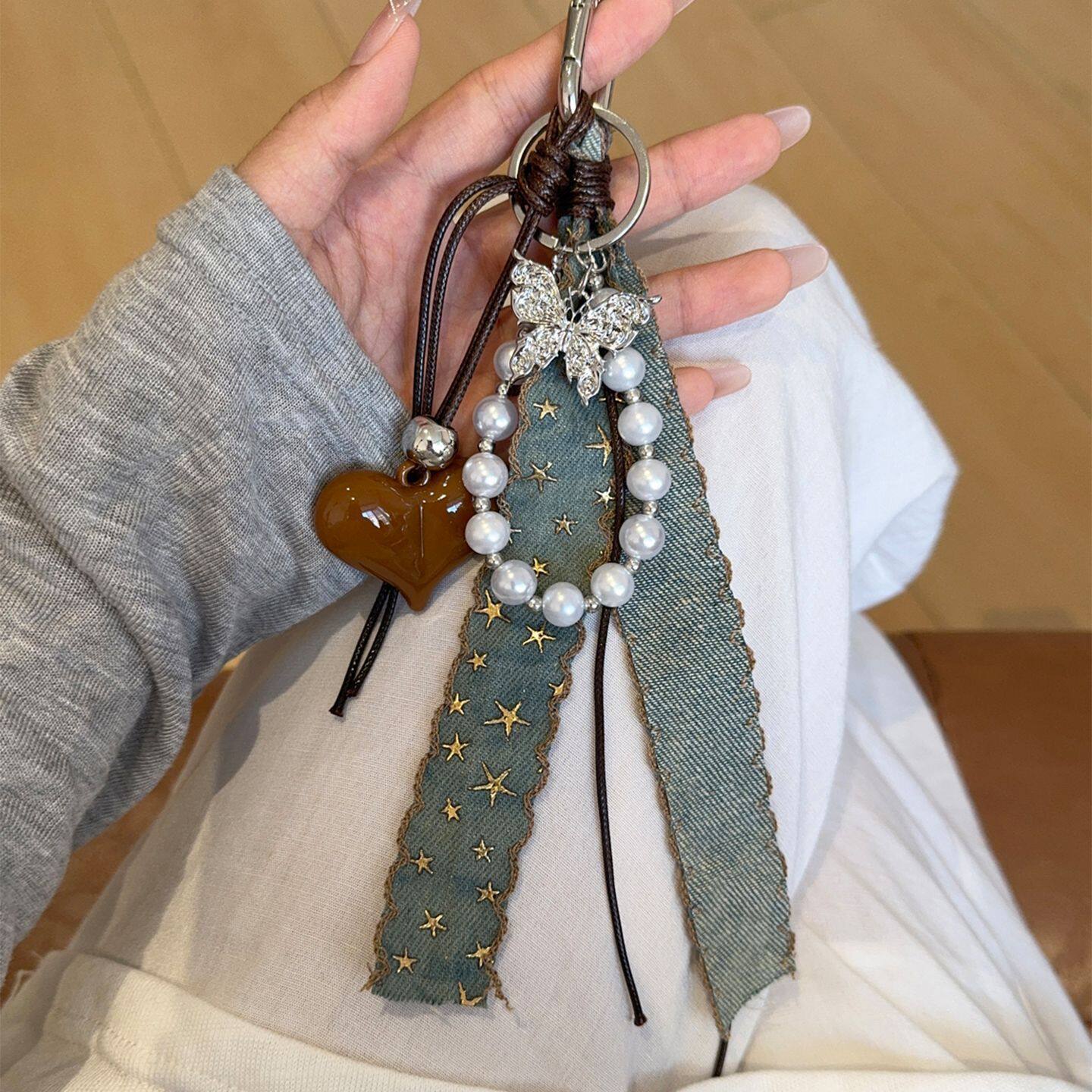 miu系包包挂件复古高级感书包挂饰蝴蝶爱心牛仔布简约编绳包挂