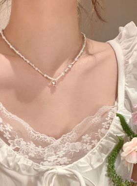 韩系粉锆星星碎银子珍珠项链女轻奢小众高级感锁骨链配饰气质颈链