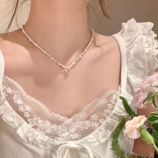 韩系粉锆星星碎银子珍珠项链女轻奢小众高级感锁骨链配饰气质颈链