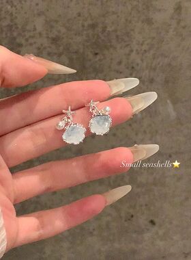 夏日碎冰蓝水晶海星贝壳珍珠耳环女高级感气质耳钉耳饰
