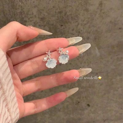 夏日碎冰蓝水晶海星贝壳珍珠耳环女高级感气质耳钉耳饰
