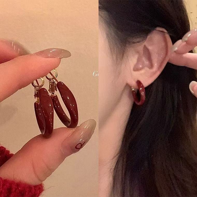 红茶风安可拉红小耳圈小众设计秋冬复古耳环圆圈高级精致耳饰耳钉