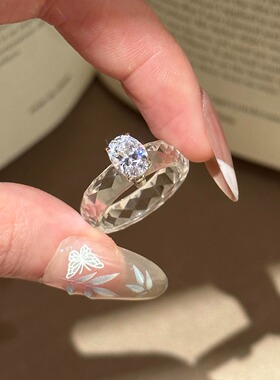 中古老钱风闪钻白色闪钻公主方戒指女小众清透感镶嵌方形锆石指环