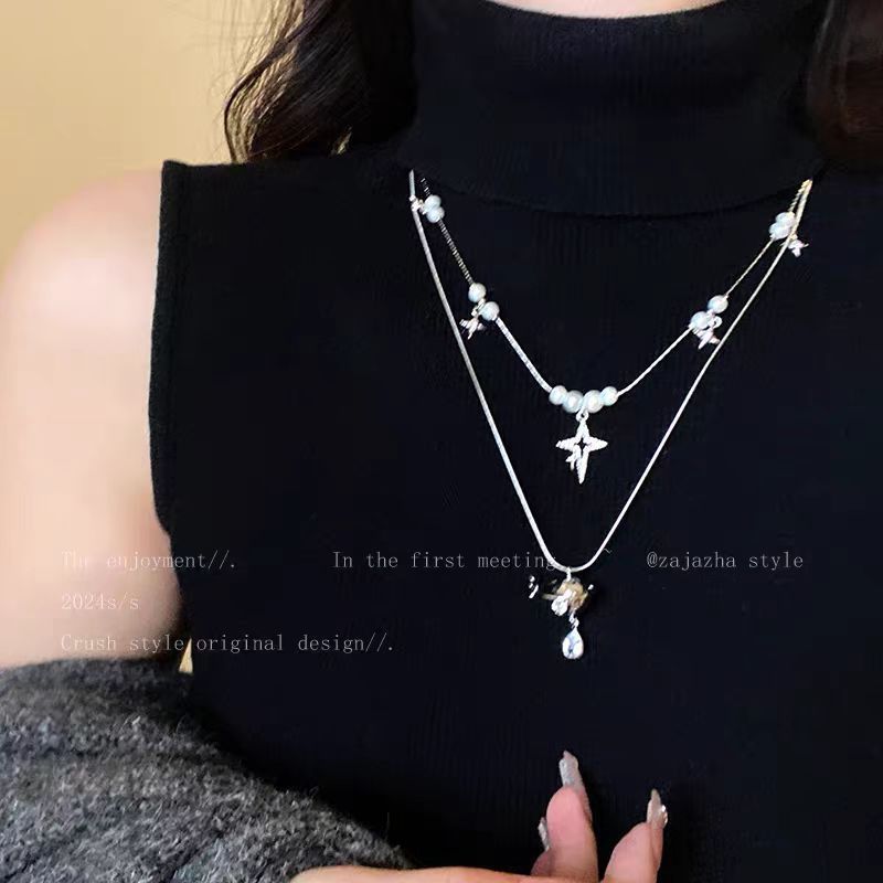 多层叠带珍珠土星项链女小众设计感轻奢锁骨链甜酷百搭毛衣链