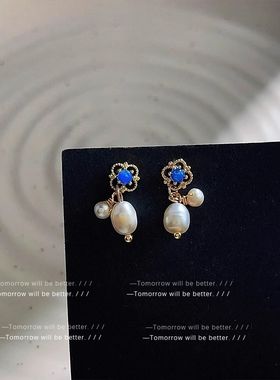 BO蓝炫彩淡水珍珠复古耳环女法式简约小巧耳钉气质小巧
