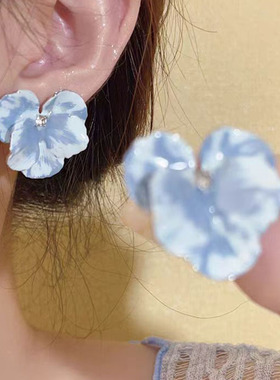杨超越同款油画蓝色花朵耳钉2024新款爆款甜美耳环女ins森系耳饰