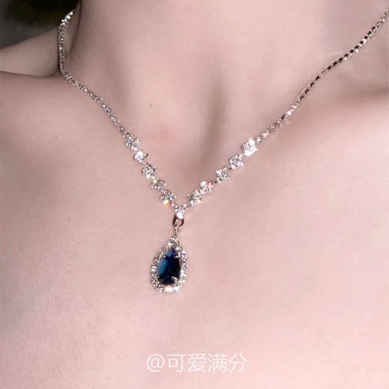 「蓝沁星河」法式爆闪墨蓝色水滴锆石项链精致高颜值千金感锁骨链