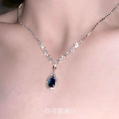 「蓝沁星河」法式爆闪墨蓝色水滴锆石项链精致高颜值千金感锁骨链