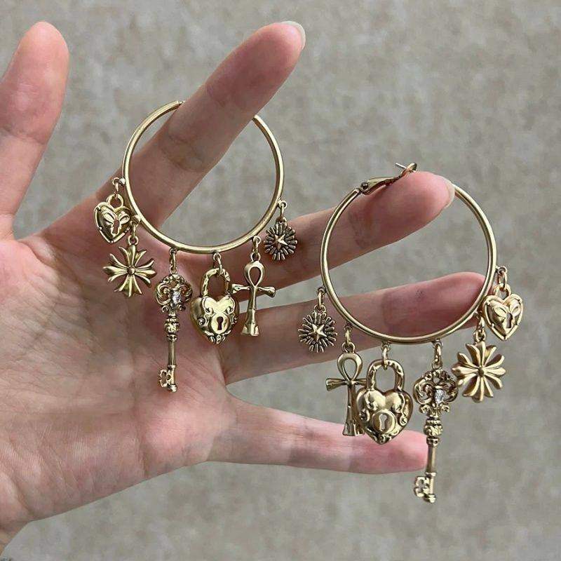 爱锁芯系列秋冬美式复古风钥匙爱心耳环显瘦大耳圈女高级小众耳饰