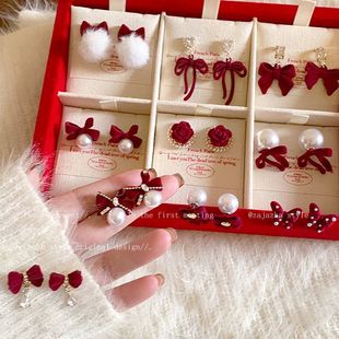 安可拉红蝴蝶结丝绒耳钉女秋冬2025新款气质耳环喜庆甜美显白耳饰