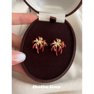 chocho/酒红色珐琅烟花耳环新年过年小众独特高级感轻奢气质耳钉