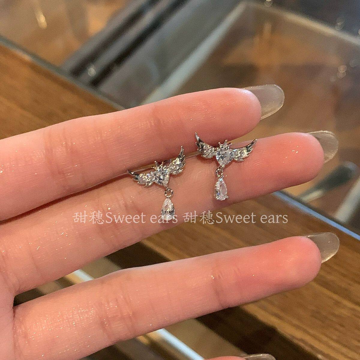 天使之翼耳骨钉小众设计感水滴吊坠翅膀平底耳钉耳环日常通勤