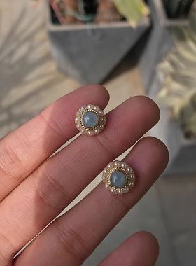 韩国东大门法式复古小众耳环时尚简约百搭温婉淡蓝色珍珠耳钉女