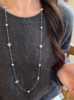 秋冬银色鸢尾花珍珠叠戴项链轻奢气质高级感锁骨链毛衣链百搭颈链