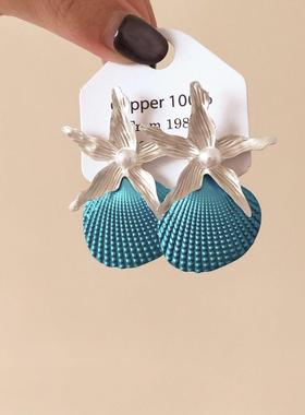 海星绮贝度假白色耳环贝壳耳钉海边旅游拍照小众夸张耳饰