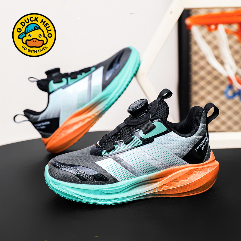 哈罗小黄鸭儿童运动鞋春秋2025新款旋转纽扣皮面防水软底防滑运动