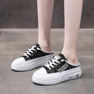 包头半拖鞋女夏外穿鞋子2023年新款休闲一脚蹬懒人厚底小白帆布鞋