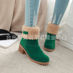 wish亚马逊爆款 女靴 2018秋冬欧美中筒粗跟翻毛雪地靴棉靴43码