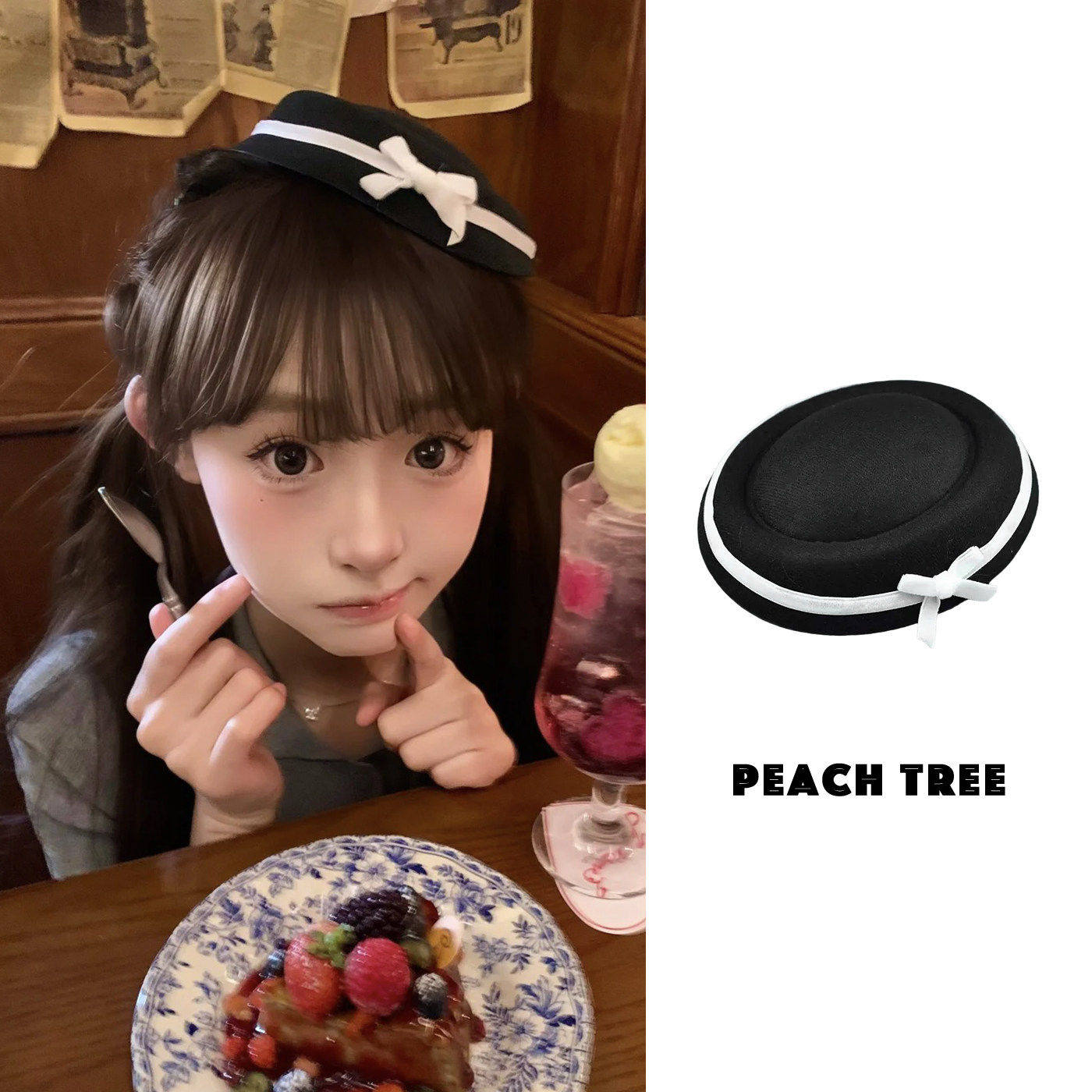 韩系黑白丝绒蝴蝶结小礼帽赫本英伦风日系jk少女水手帽海军帽发夹