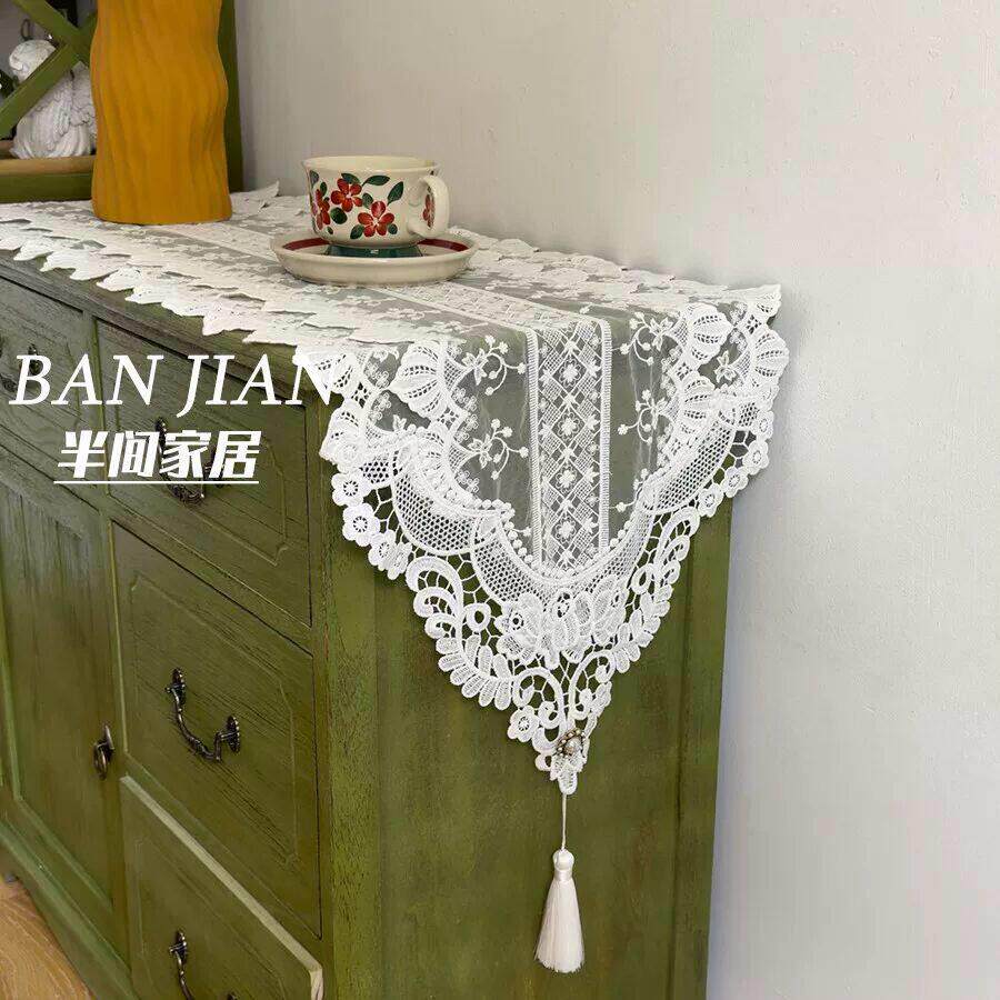 白色蕾丝桌旗美式轻奢高级感法式电视柜餐边柜斗柜盖布餐桌长条巾