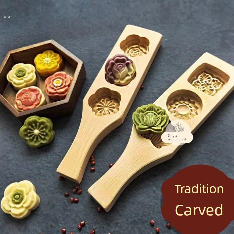 中式绿豆糕点月饼模具花朵和果子桃酥立体木质压花食品级青团艾果