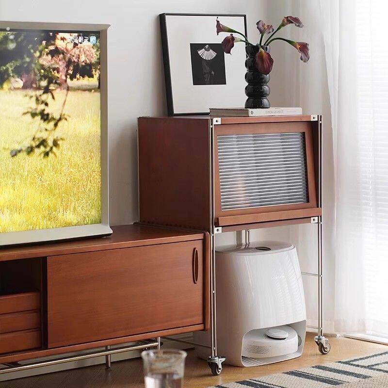 古风实木翻盖收纳储物书柜客厅扫地机器人置物架移动家政电视边柜