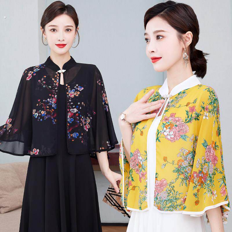 雪纺防晒披肩女士夏季薄款旗袍外搭开 衫配裙子妈妈小斗篷披风外