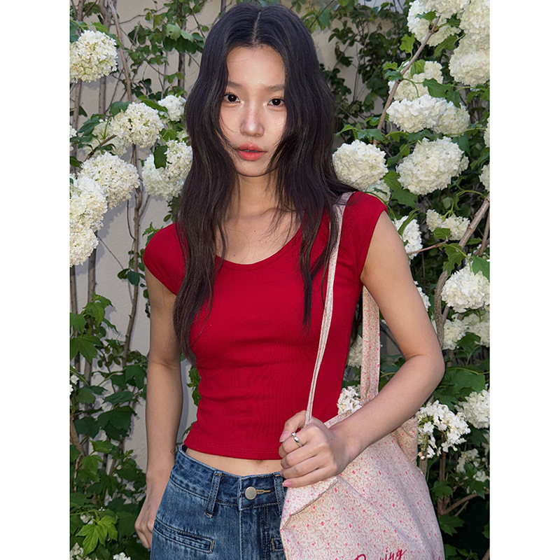 【夏日圆脸2in1自带胸垫】2025韩系U领小飞袖T恤女修身上衣W024C