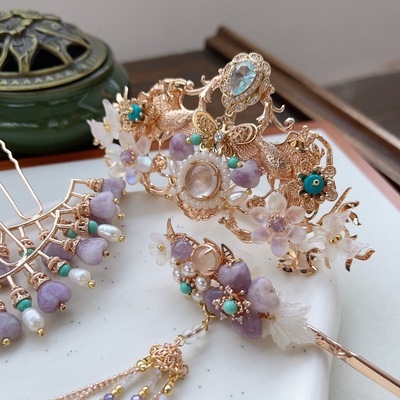 风晚林原创古风配饰明制汉服紫色发冠高保色排钗流苏步摇发簪