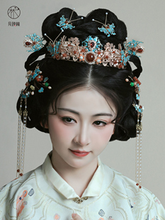 良辰美景风晚林原创明制婚嫁汉服发饰烧蓝蝴蝶大发冠发梳发钗套装