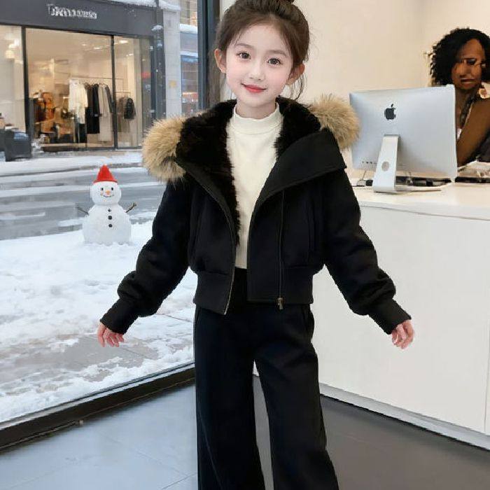 女童小香风加绒加厚套装2026冬季新款休闲外套阔腿裤两件套儿童装