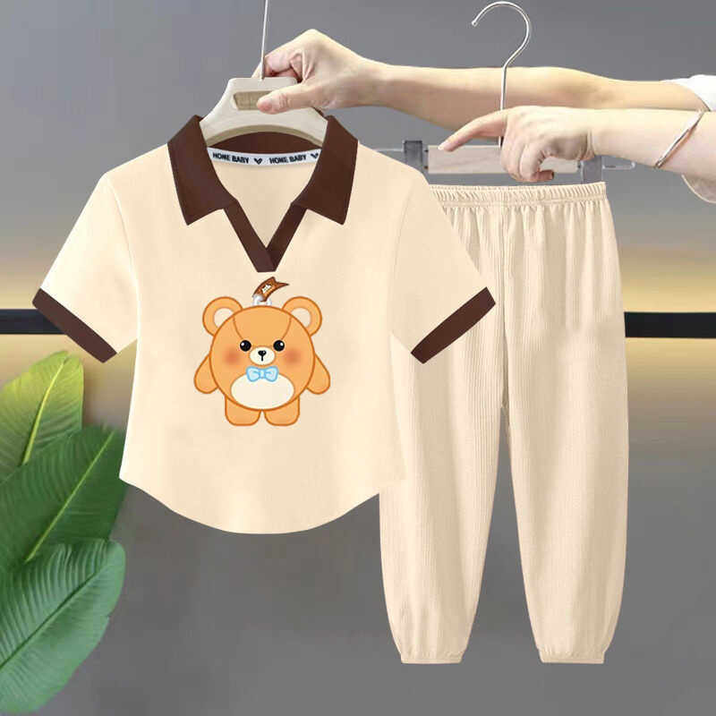 女童夏季套装运动Polo领T恤中大童学院风休闲纯棉短袖+长裤两件套