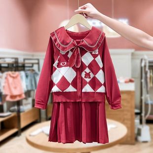 女童针织套装裙子2025秋冬洋气时髦儿童马甲毛衣红色连衣裙两件套