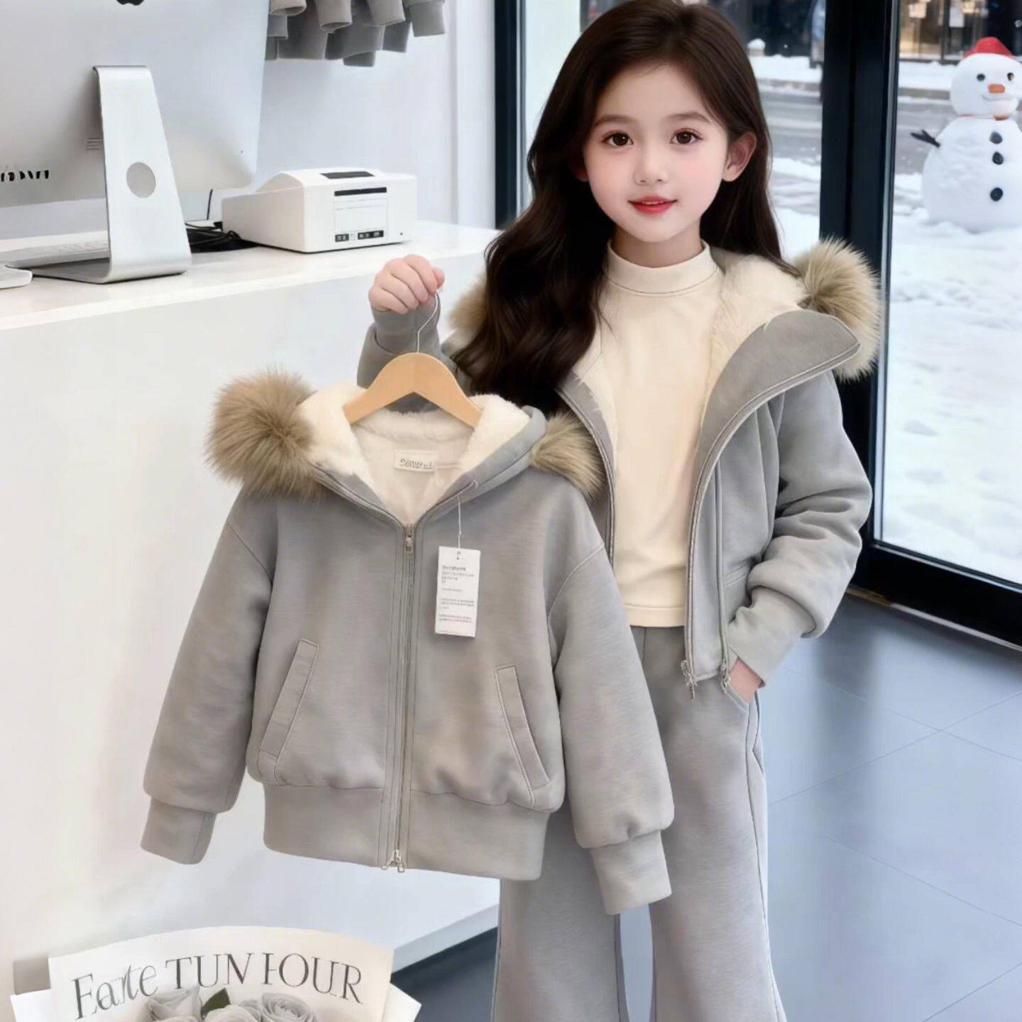 女童小香风加绒加厚套装2026秋冬季新款儿童时髦中大童加厚两件套