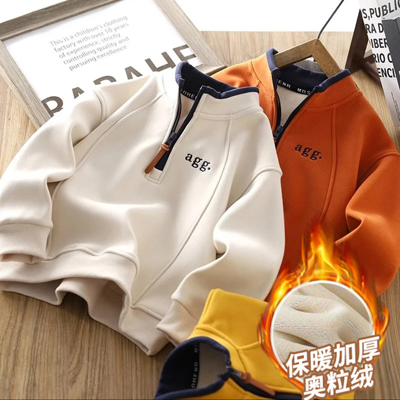加绒加厚奥粒绒卫衣男女童2025秋冬季新款保暖套头中大童潮酷上衣