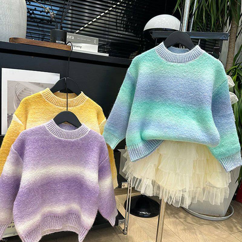 韩版儿童套头彩色毛衣秋冬季女童洋气时髦渐变针织衫女宝宝羊毛衫
