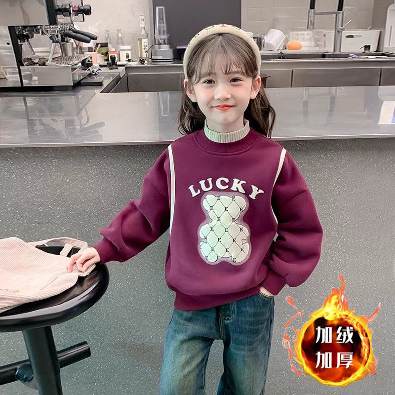 女童加绒卫衣2025秋冬装新款洋气中大儿童冬季半高领保暖打底上衣