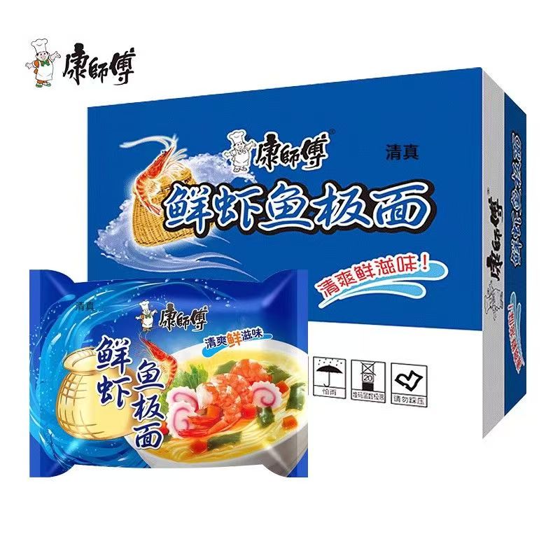 陕西特产 康师傅鲜虾鱼板面袋装方便面24袋整箱夜宵速食面泡面