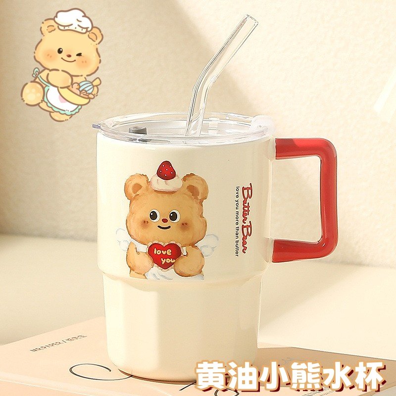 黄油小熊陶瓷杯子双饮高颜值学生奶油小熊吸管水杯防烫可爱带把手