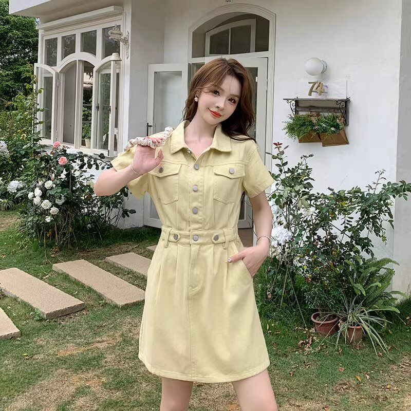 学生少女港味复古翻领短袖连衣裙