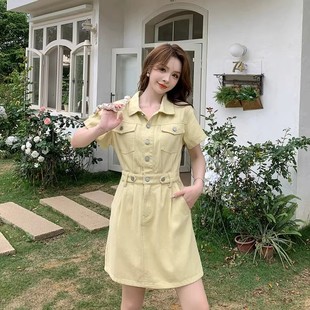 学生少女港味复古翻领短袖连衣裙女装夏季气质收腰显瘦A字裙短裙