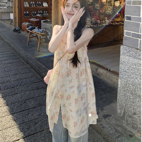 少女学生甜美风花朵印花镂空吊带