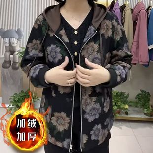 休闲中年妈妈大码 连帽外套女经典 加绒夹克 高档时尚 今年秋冬款