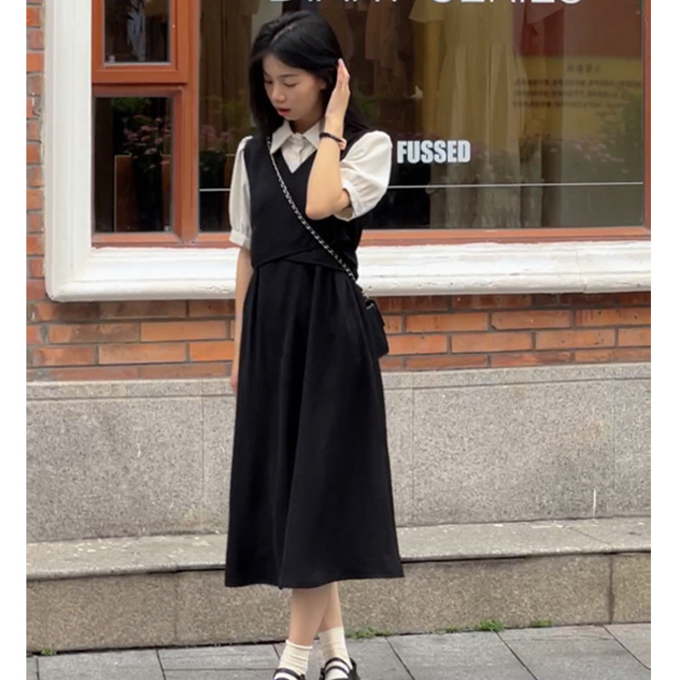 法式黑色连衣裙女夏新款学院风收腰显瘦假两件polo领面试衬衫裙