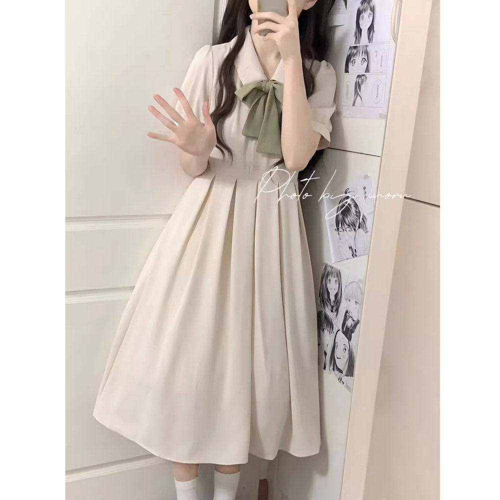 小个子连衣裙2025年夏季新款温柔学院风甜美蝴蝶结高腰显瘦中长款