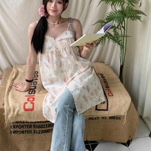 甜美风钩花镂空吊带连衣裙女夏季气质减龄印花A字裙小个子短裙子