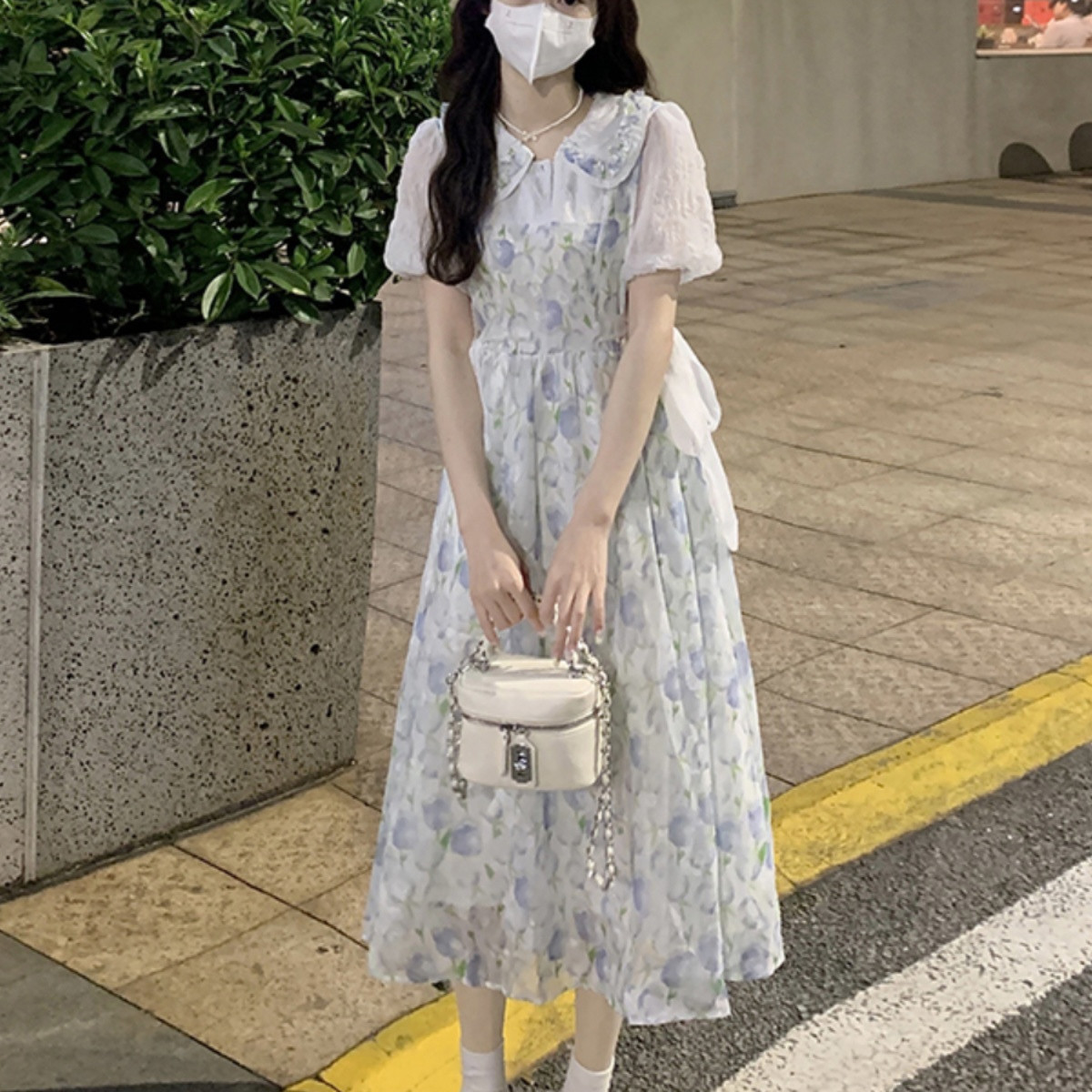 甜美小清新娃娃领碎花连衣裙女装
